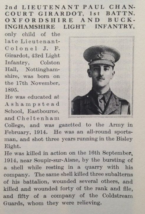 Obituary of Second Lieutenant Paul Chancourt Girardot (1895–1914), 1st Bn OBLI