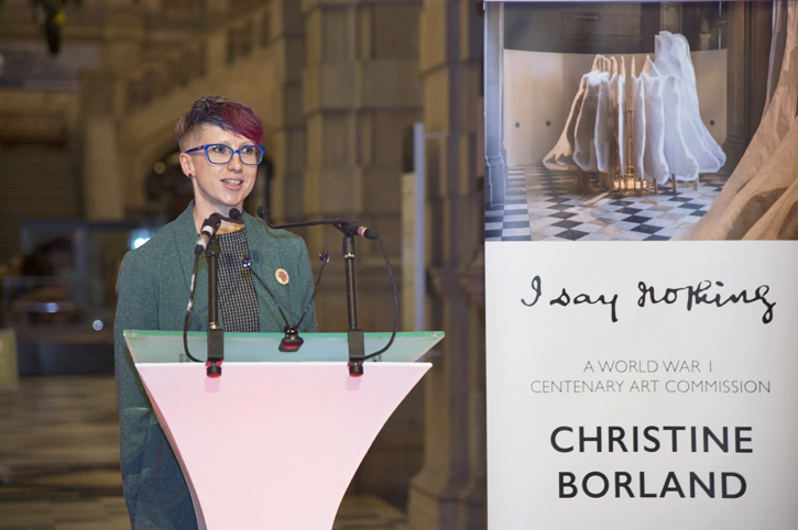 Jo speaking at the opening of Christine Borland’s installation 'I Say Nothing'