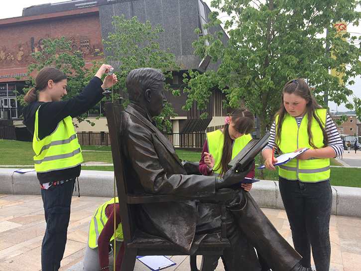 Recording the statue of Arnold Bennett (1867–1931) outside The Potteries Museum & Art Gallery, Stoke-on-Trent