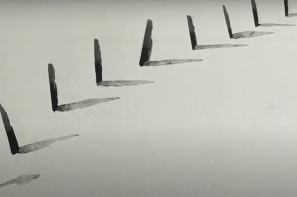 Ink drawing of a fence with shadows by Mary Bourne
