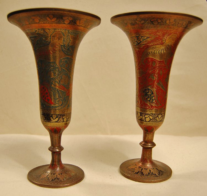 Pair of cast brass vases, engraved with mythical and real animals, and inlaid with colour