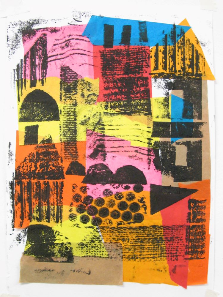 Collagraph printed onto a collaged background