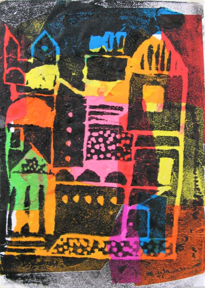 Townscape relief print on collage