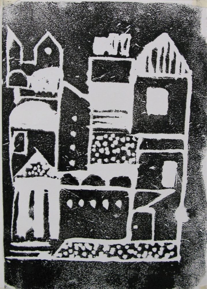 Relief print of a townscape
