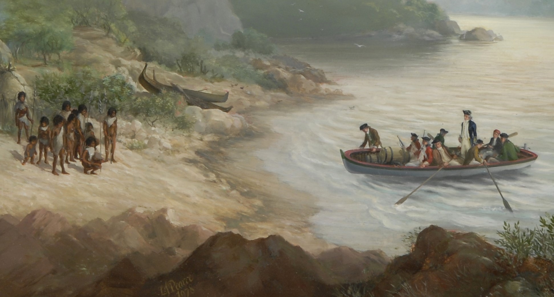 Detail of 'Captain Cook Landing in Christmas Sound, Tierra del Fuego, Chile' by Leonard John Pearce