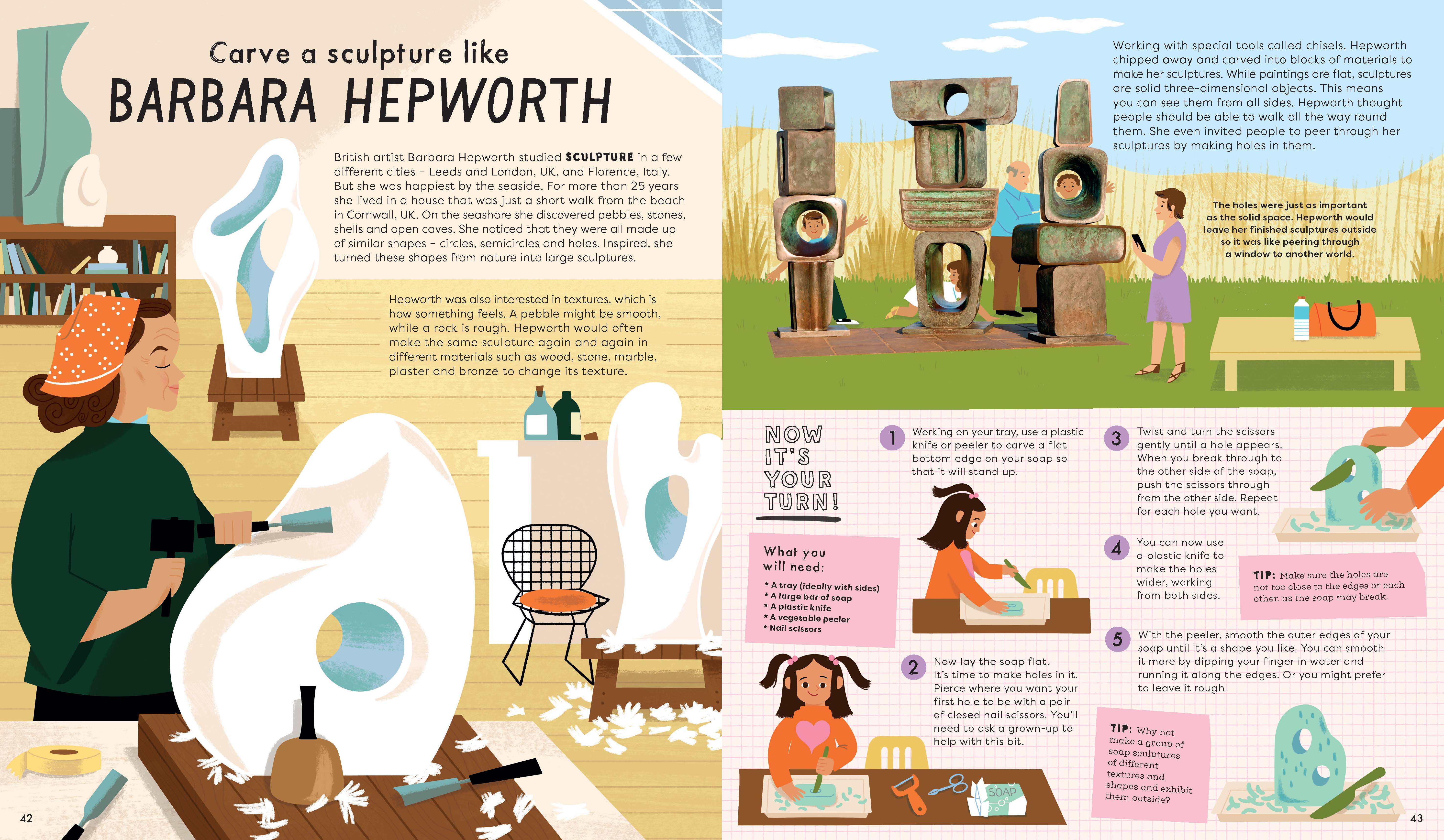 The Barbara Hepworth activity from 'This Book Will Make You an Artist'. Illustrations © Ellen Surrey