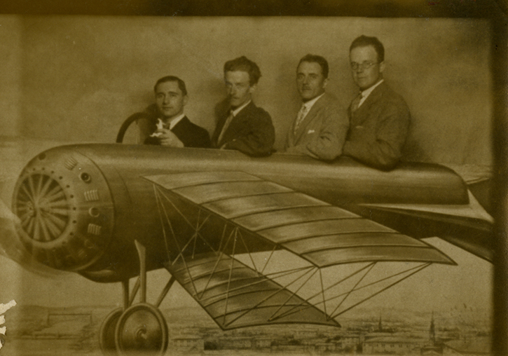 Gillies and companions in a studio 'bi-plane'