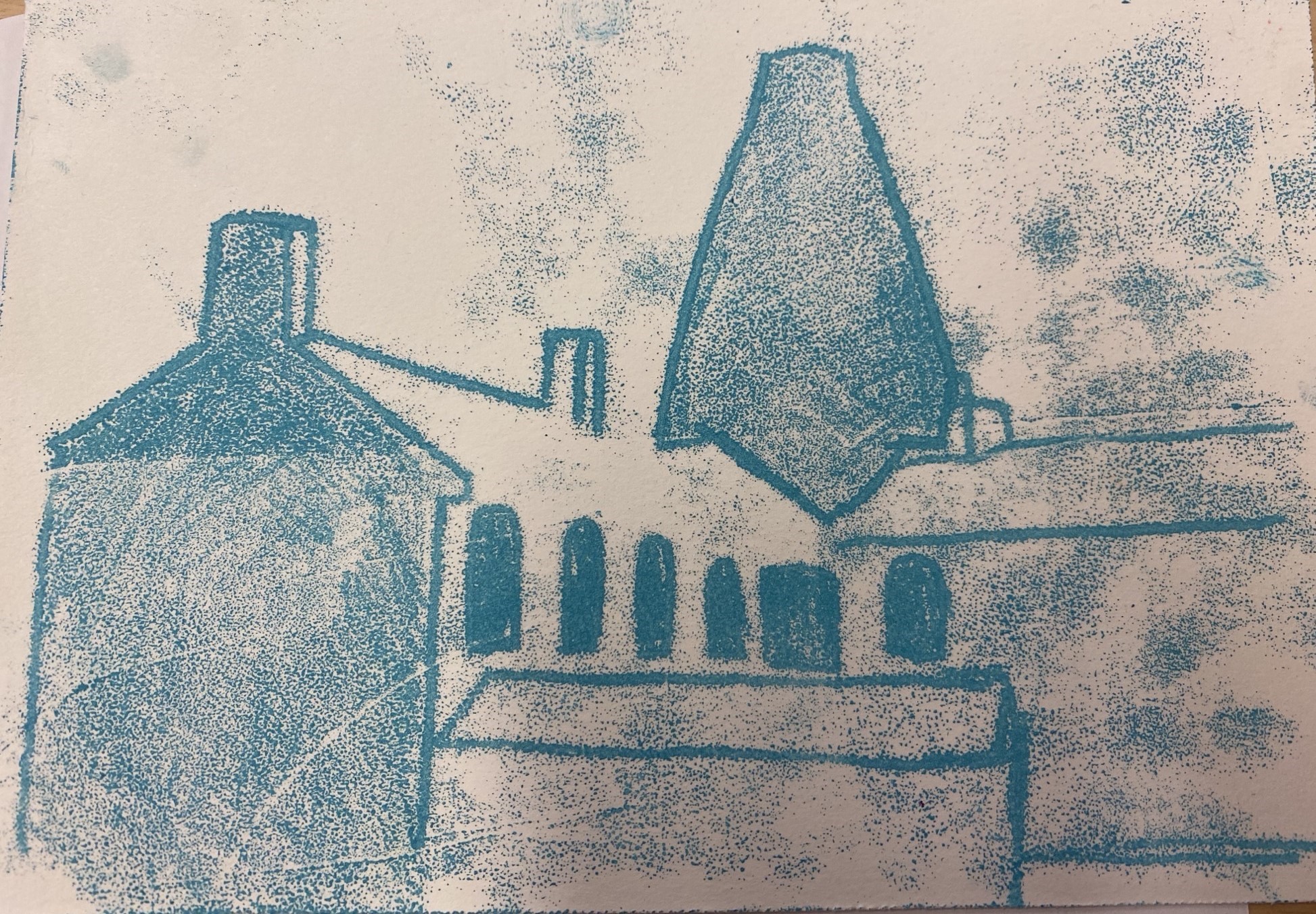 A finished monoprint inspired by industrial buildings in Stoke