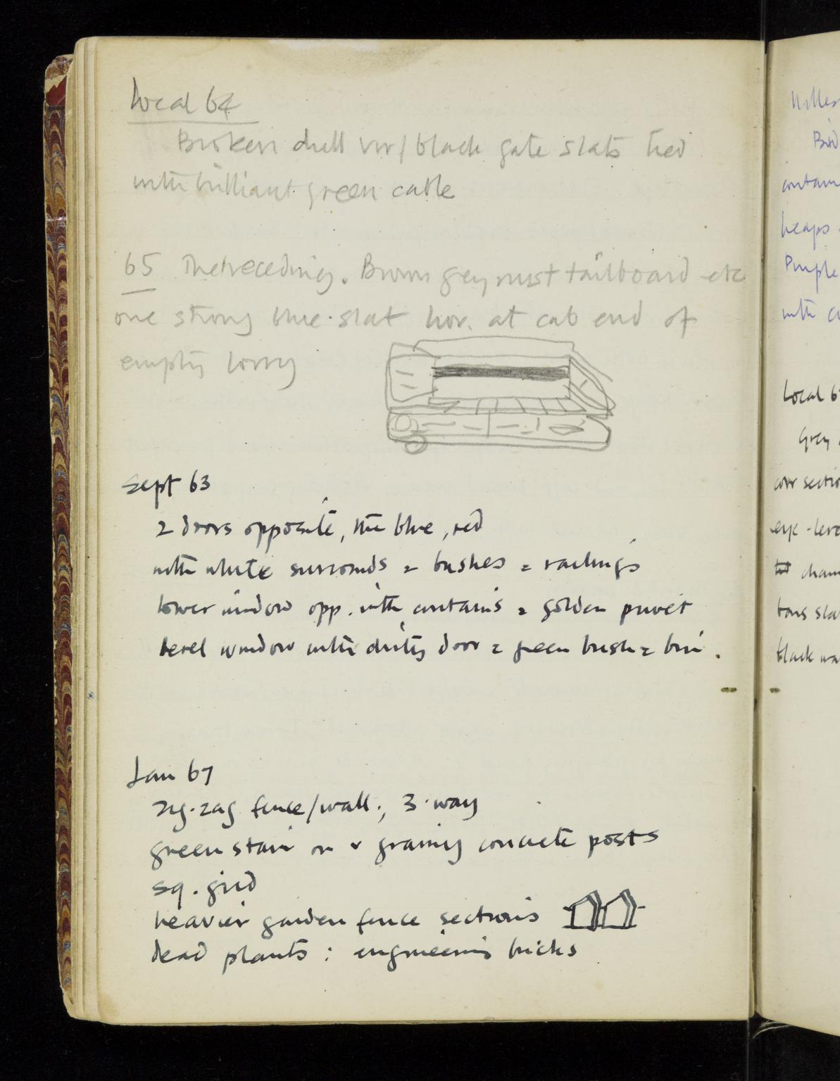 Page from Clough's notebook containing notes on scenes and paintings, 1951–1970