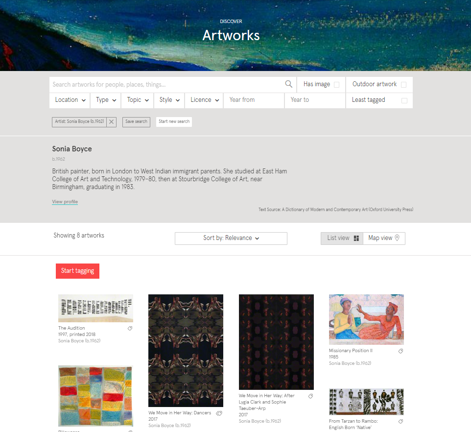 Screenshot of Art UK's artworks search page, showing art by Sonia Boyce