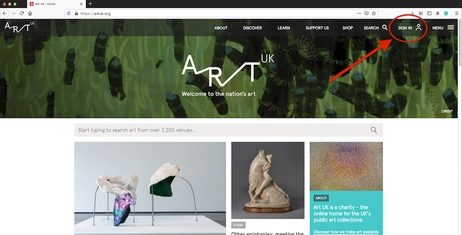 Where to sign in on Art UK's homepage