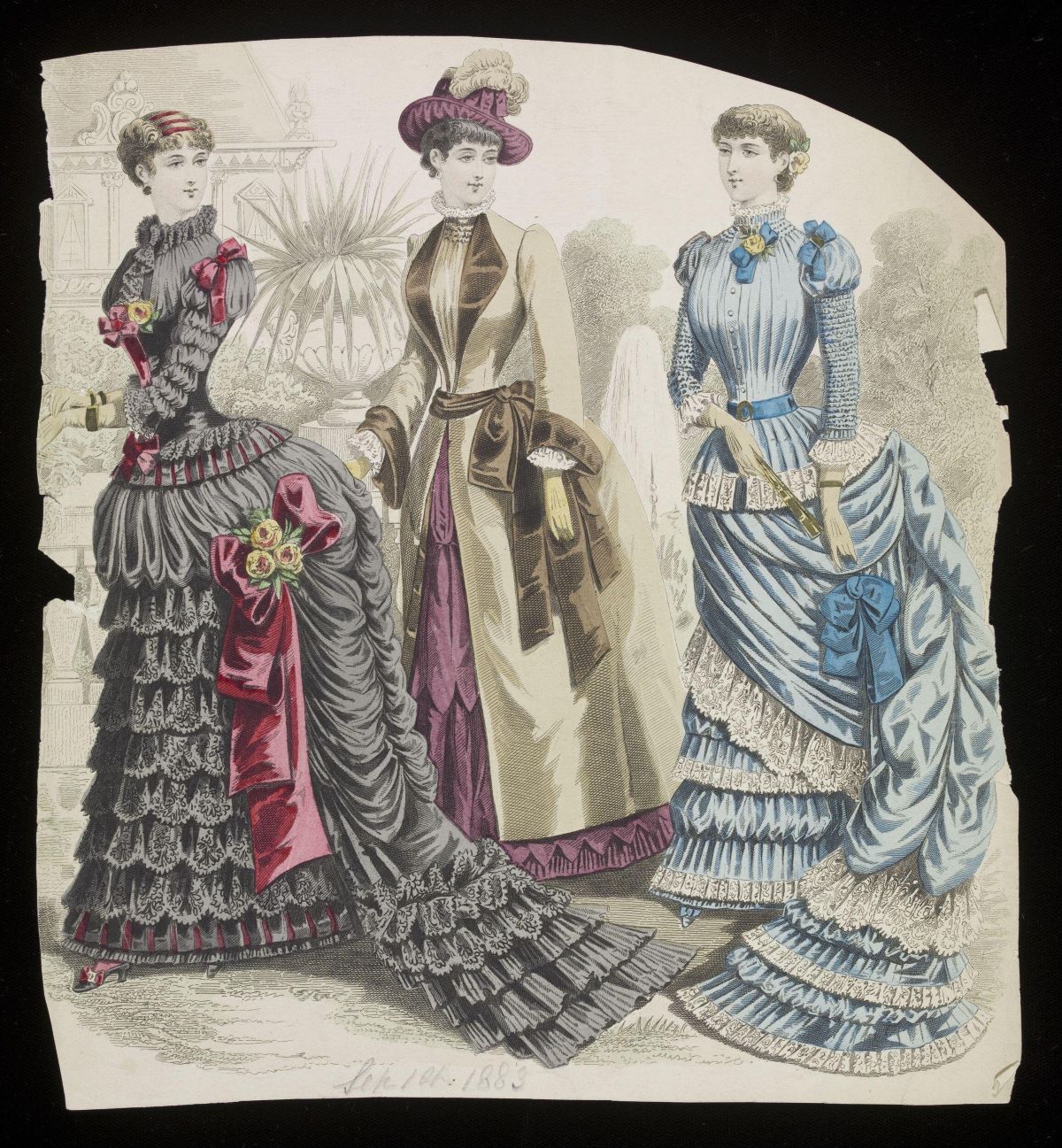Fashion plate illustrating day dresses and a hat and coat