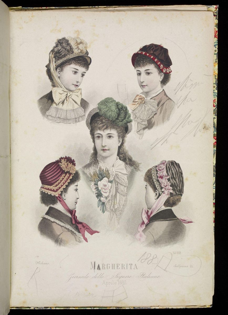 Fashion plate showing women's bonnets and hats