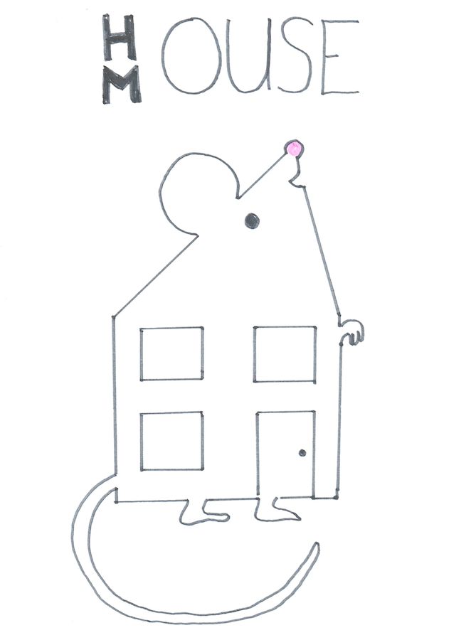 A combination drawing of a mouse and a house