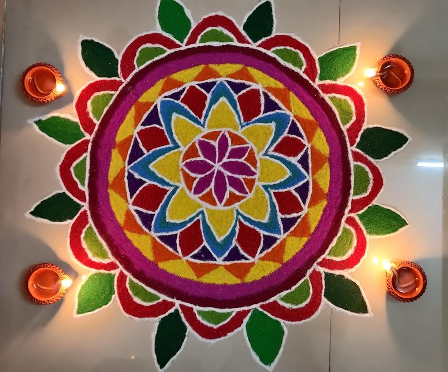 A mandala rangoli, made in an Indian household during Diwali