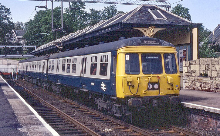 Scottish Region 3-car EMU 303.016 at Milngavie in 1983