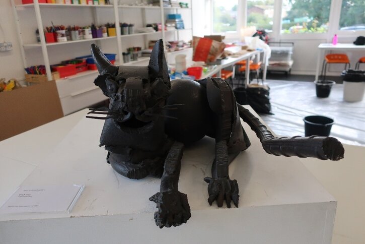 Jane Ackroyd's 'Cat' sculpture in a Harlow school