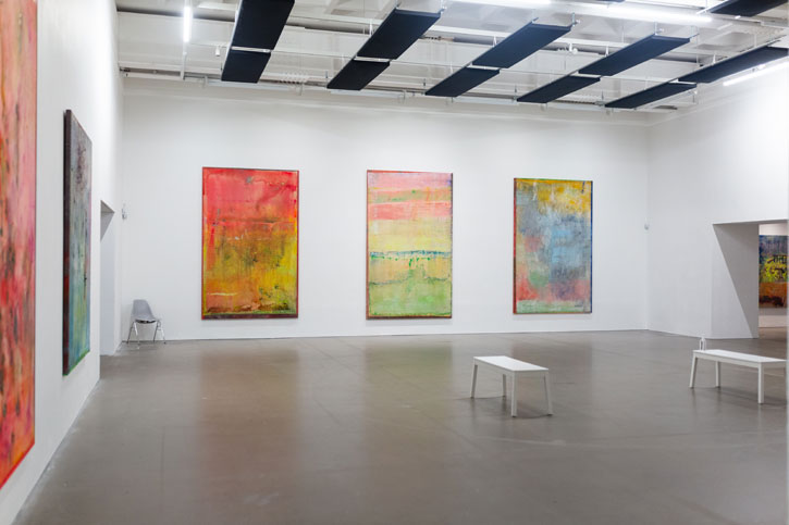Installation image of Frank Bowling's 'Land of Many Waters' at the Arnolfini