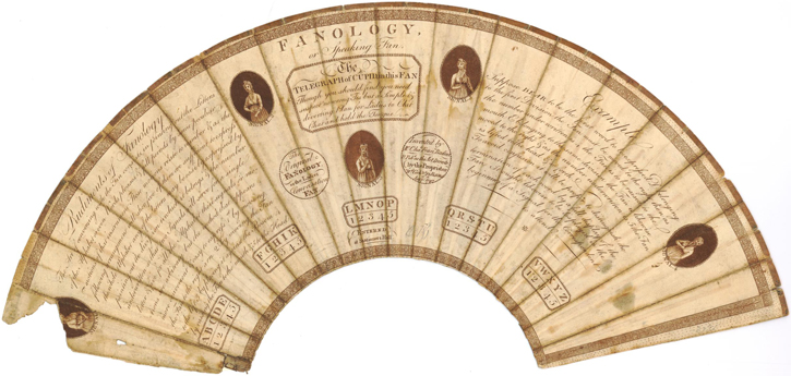1979, unmounted fan-leaf, formerly mounted, with lettered inscriptions on front and back giving instruction for communicating with a fan, after Charles Francis Badini & published by William Cock