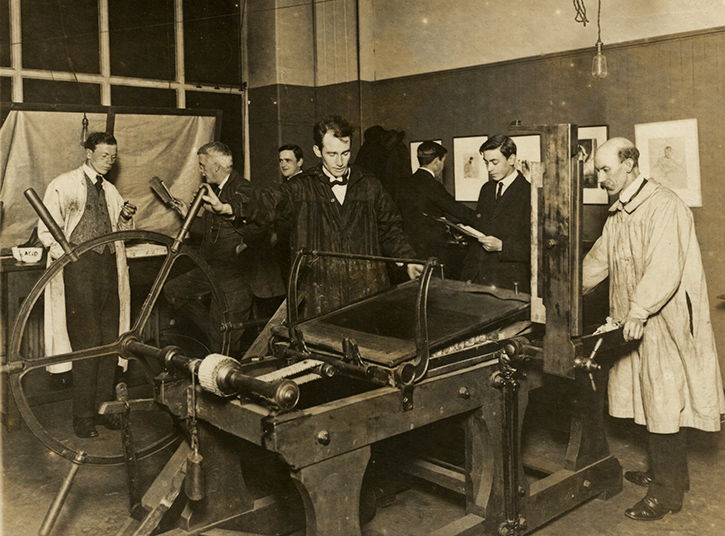 Adam Bruce Thomson with a printing press, Edinburgh College of Art