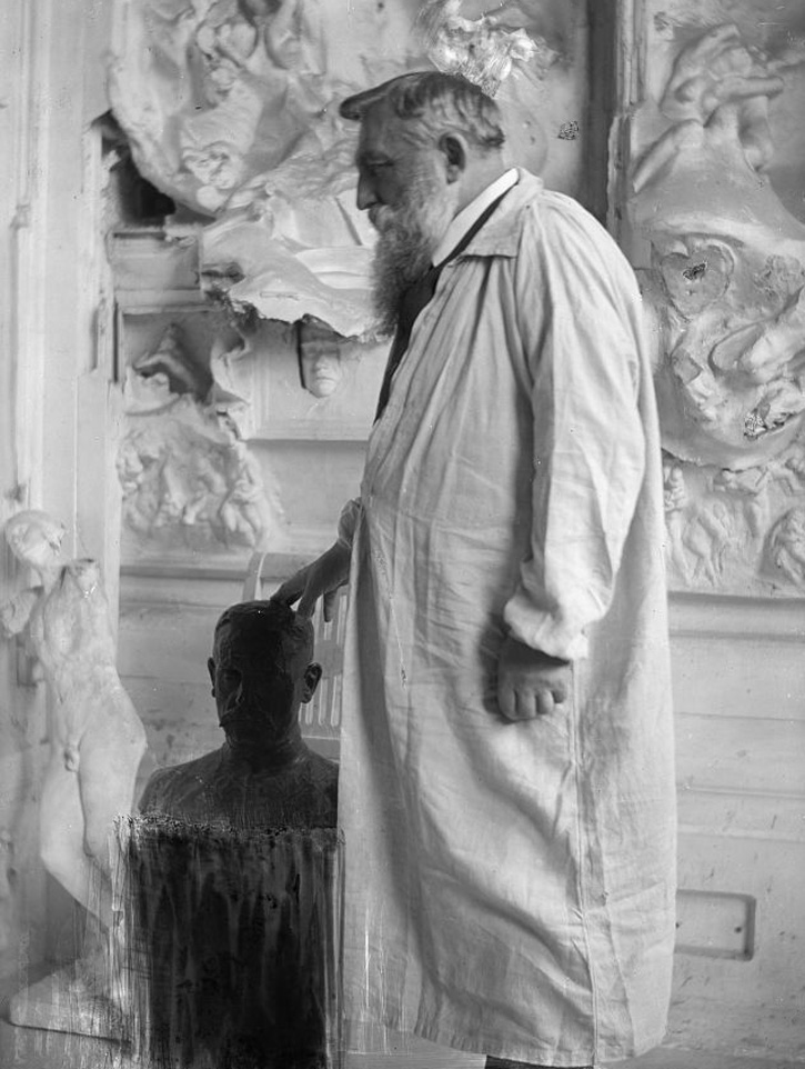 Portrait photograph of French sculptor Auguste Rodin (1840–1917) at Meudon 