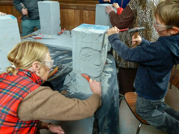 Sculpting faces from Celcon blocks in Edmonthorpe, Leicestershire