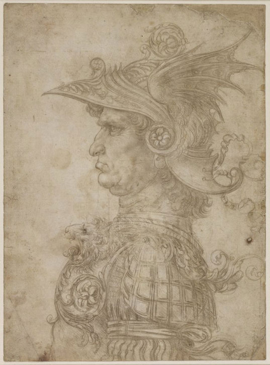 A bust of a warrior in profile, wearing a winged helmet and armour bearing a lion on the breast