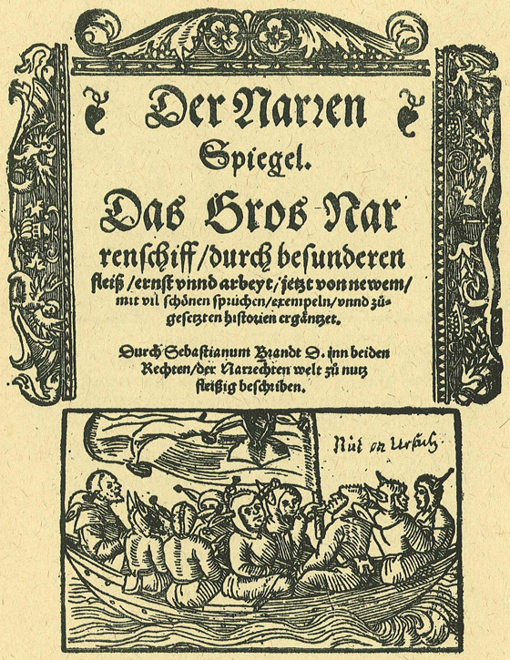 Title page from Sebastian Brant's satire 'Der Narrenspiegel, das gros Narrenschiff' (Ship of Fools)