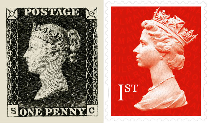 The Penny Black stamp (left) and UK 1st Class stamp (right)