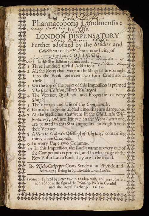 Title page of Culpeper's 'Pharmacopoeia Londinensis'