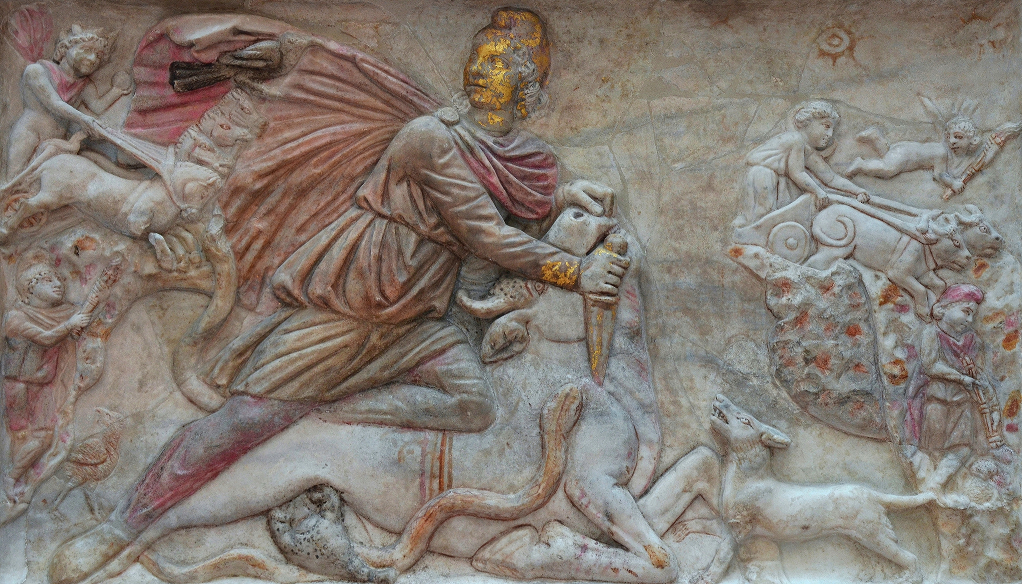 Large polychrome tauroctony relief, from the mithraeum of S. Stefano Rotondo