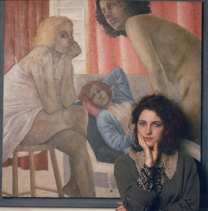 Sally Moore, c.1988, with her painting 'Conversation 2'