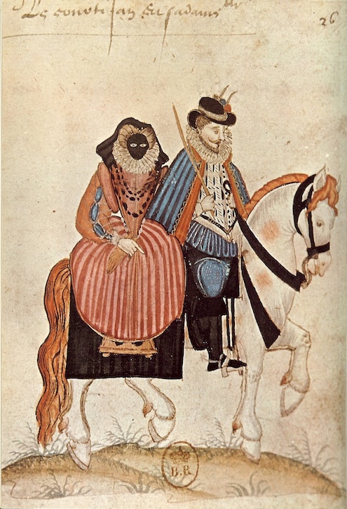 A man riding a horse with his wife, who is wearing a visard