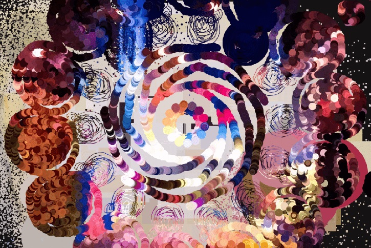 An abstract digital image shows a swirl emerging in pinks and blues from the centre of the page. Surrounding the colourful digital swirl are a series of smaller circular swirls.