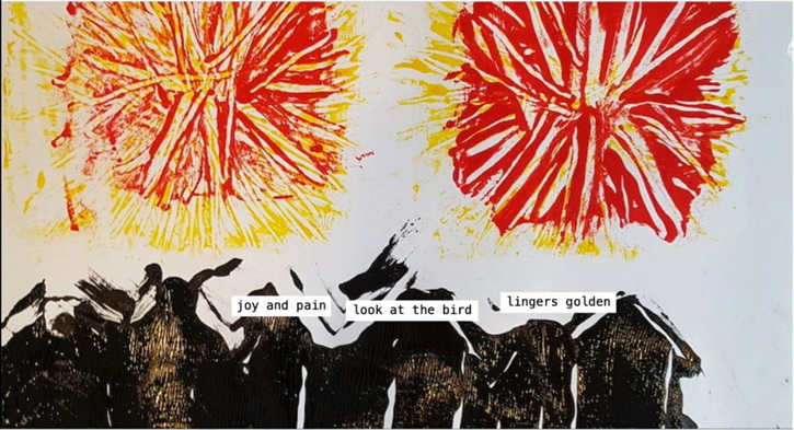 A lino print image of black beach huts with red and yellow firework explosions overhead. A series of typed phrases are arranged over the image to read: 