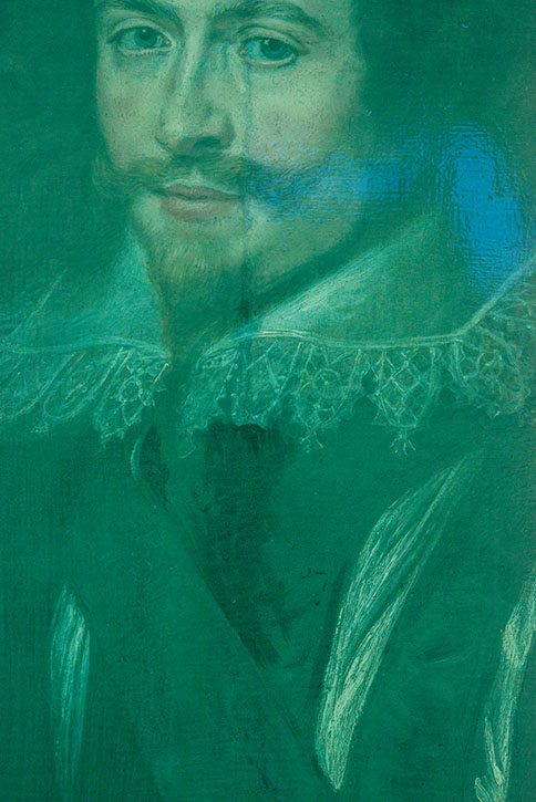 The portrait of George Villiers, with UV light showing overpaint along a join