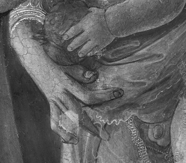 Infrared detail of the Madonna's hand, showing a change in the position of the index finger