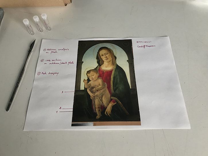 Annotated sample map of the Botticelli, with paint samples ready to be analysed by the lab