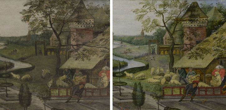Detail of 'Spring', before and after treatment, showing details revealed from under overpaint