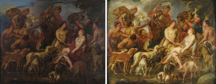 'Meleager Presenting the Boar's Head to Atalanta', before and after treatment