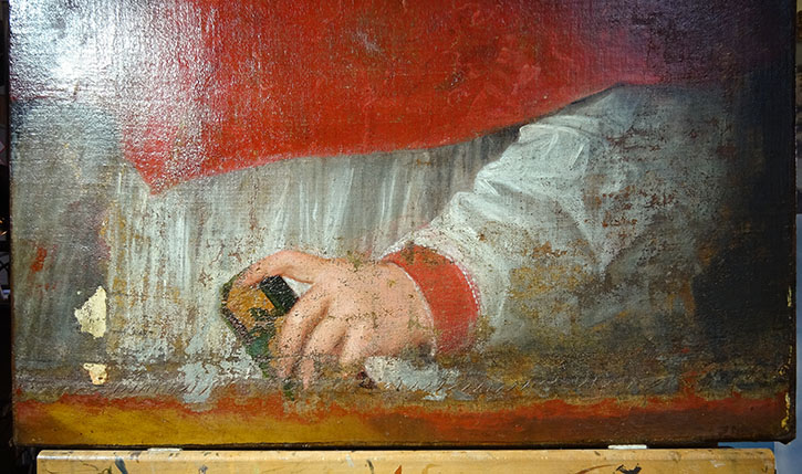 Detail of 'Portrait of an Unknown Young Cardinal', showing the whole seam
