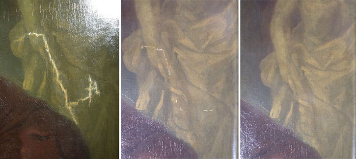 A detail of Ramsay's portrait of Dr Mead, showing the retouching process