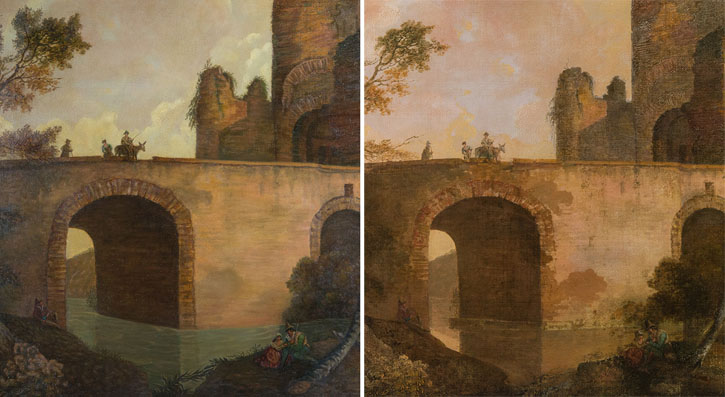 A detail of Wright's painting of Ponte Nomentano, before and after treatment