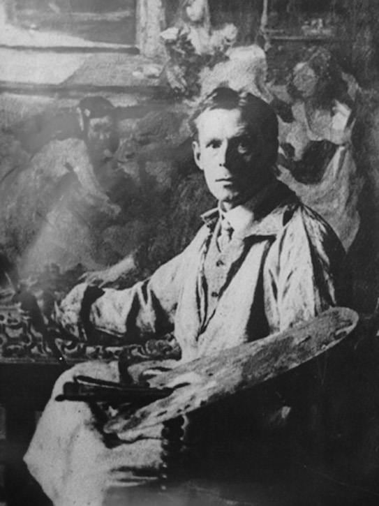 Charles H. Mackie with the painting 'For Harvest Festival', 1907