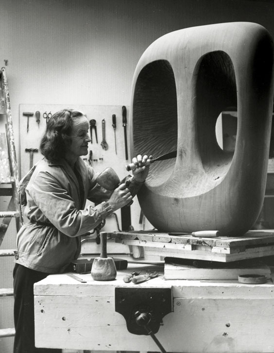 Barbara Hepworth at work in the Palais de Danse studio, St Ives, Cornwall