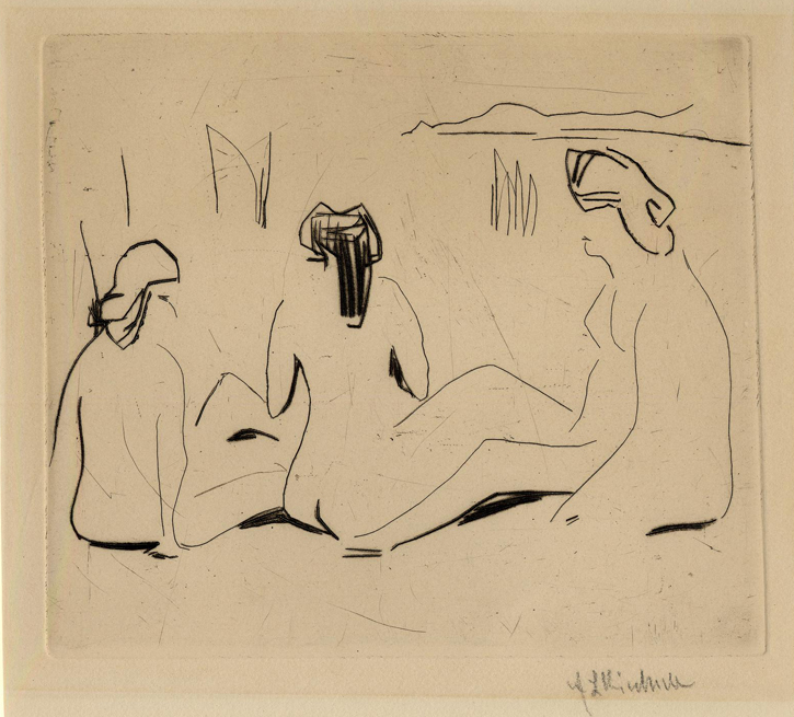 Three bathers at the Moritzburg lakes; seated, seen from behind