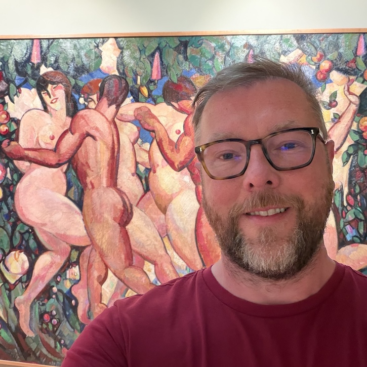 Damian Barr in front of 'Les eus' at the Hunterian, Glasgow