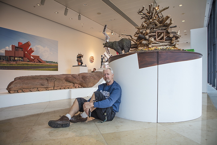 David Mach with his 'Train' maquette and 'If You Go Down to the Woods Today'