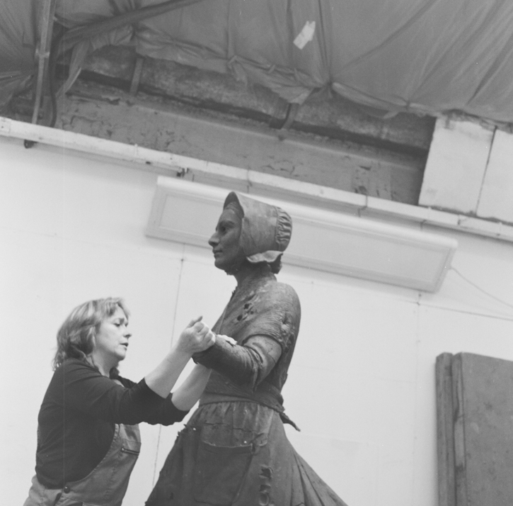 Denise Dutton with the maquette of Mary Anning in her studio