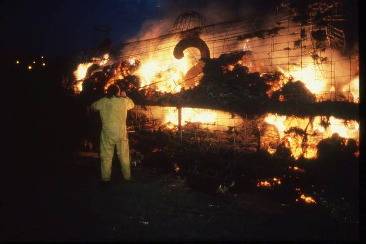 'The Straw Locomotive' by George Ralston Wyllie (1921–2012) after it was set on fire